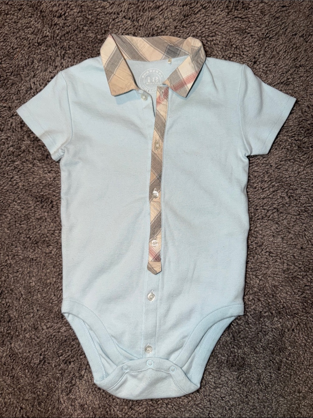 Burberry Light Blue Polo-Style Baby Bodysuit with Plaid Trim
